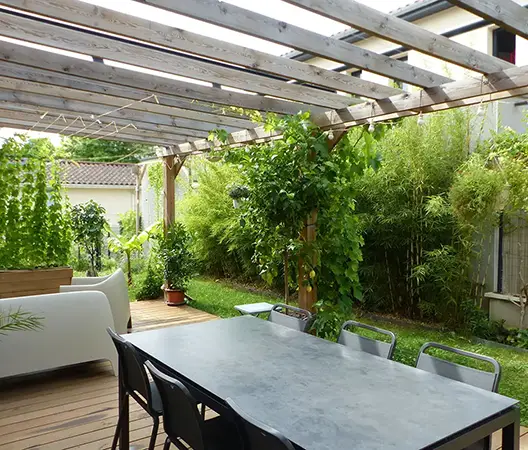 Terrasse en bois et végétation grimpante