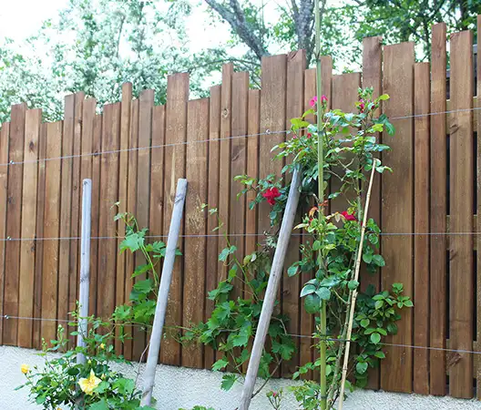 Clôture brise-vue en lames de bois et câbles pour rosiers grimpants à Sainte-Foy-Lès-Lyon